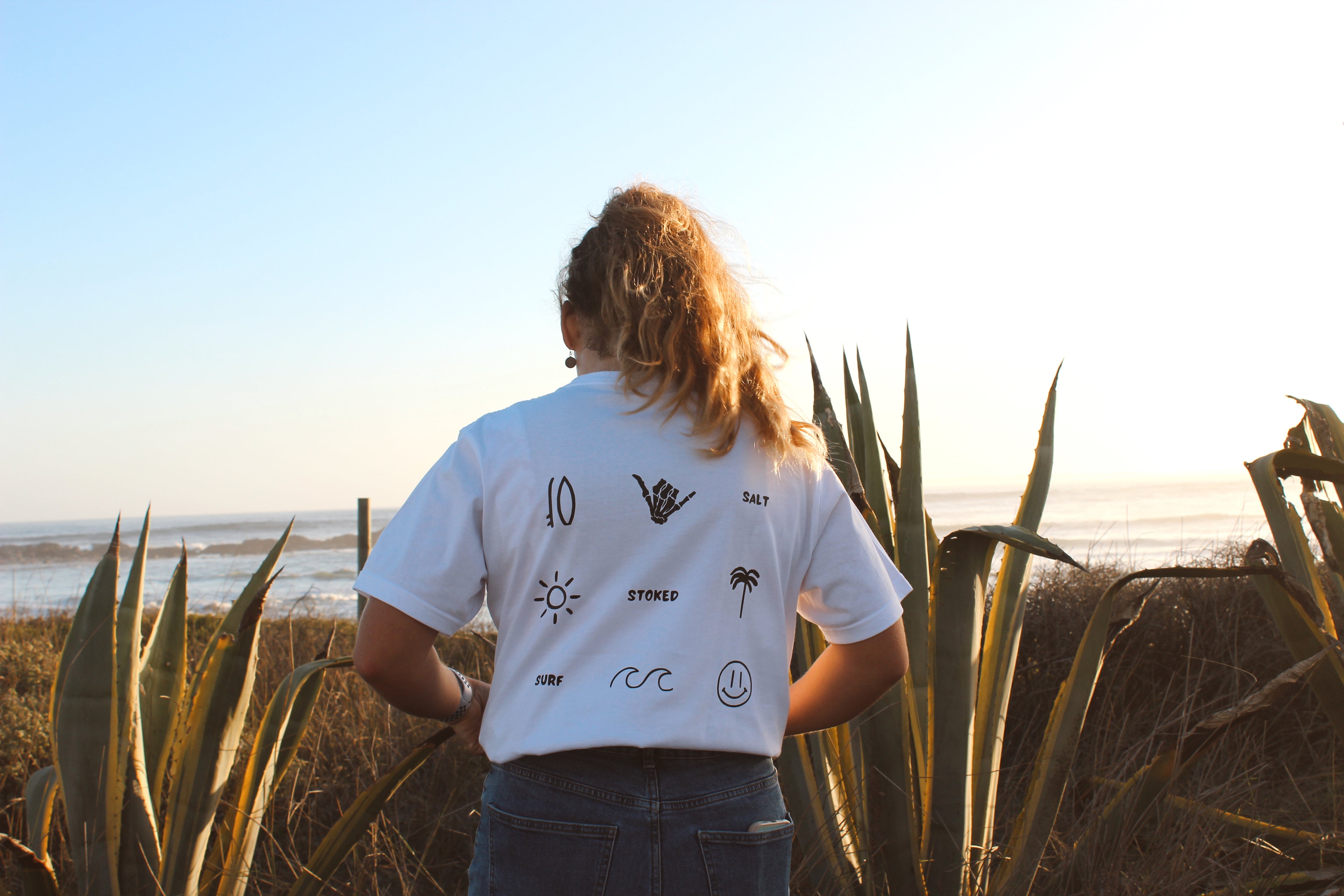White stay stoked grid t-shirt back design