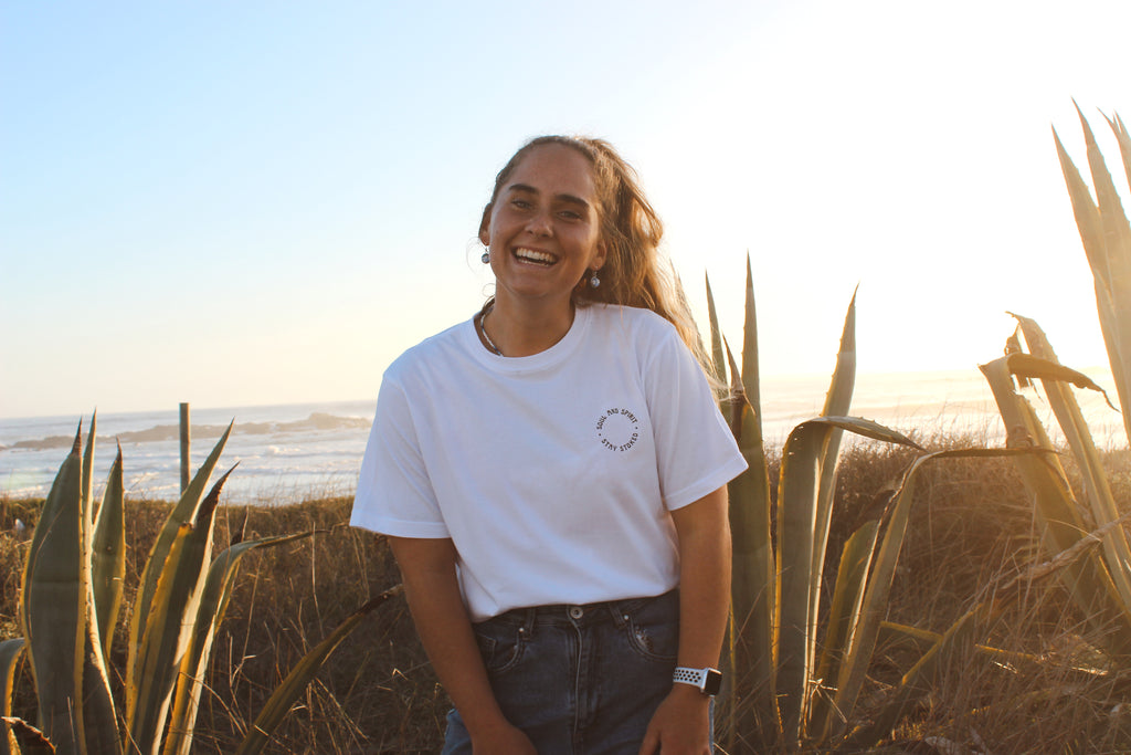 White stay stoked grid t-shirt front design