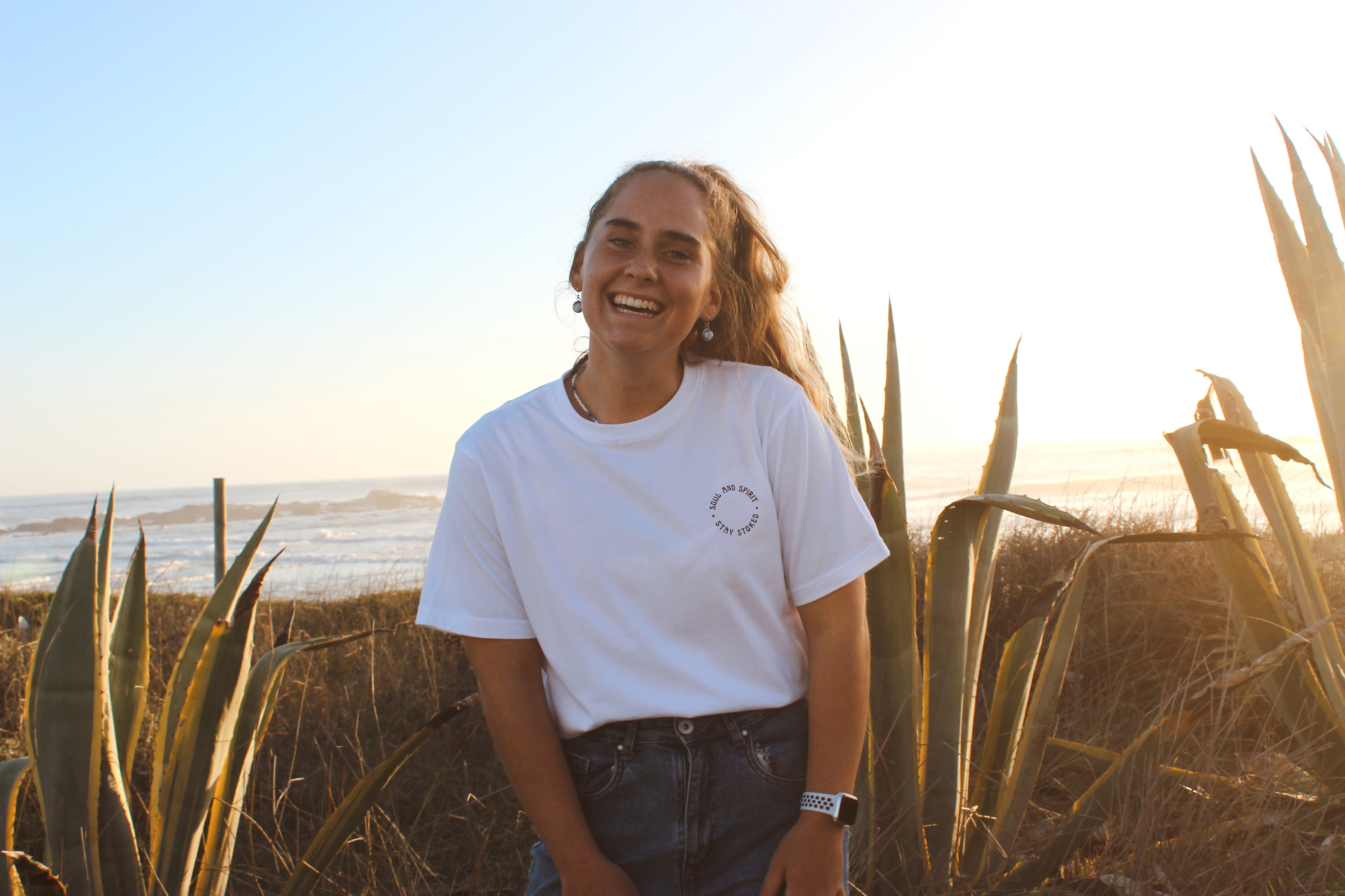 White stay stoked grid t-shirt front design