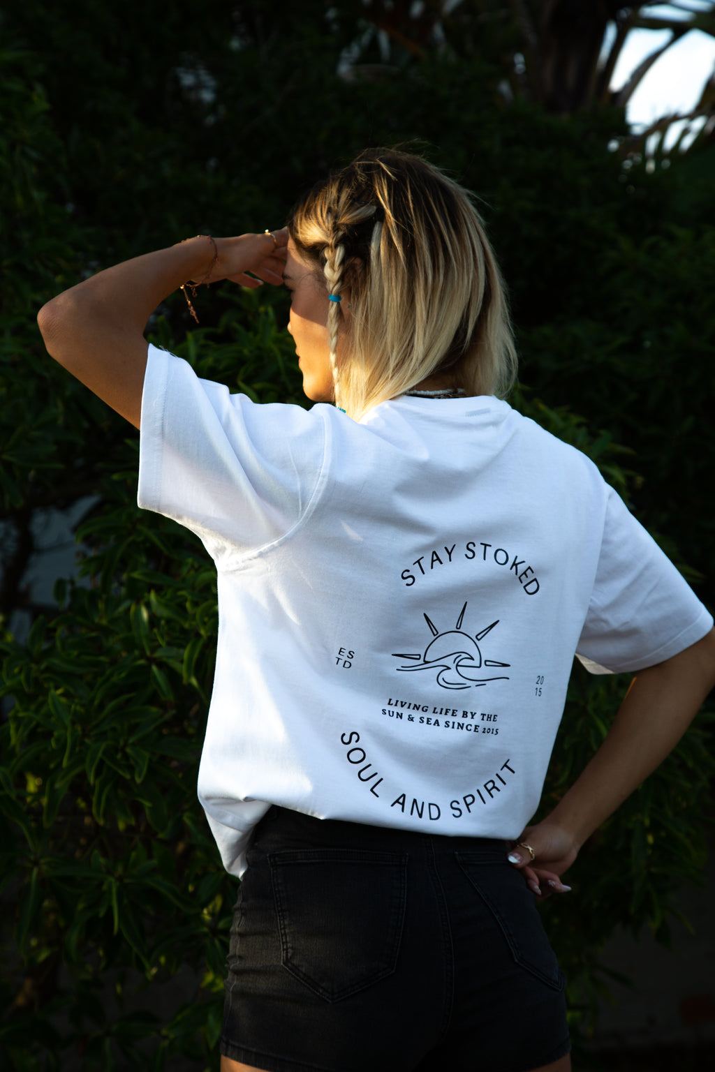 White stay stoked sun and sea t-shirt back design.